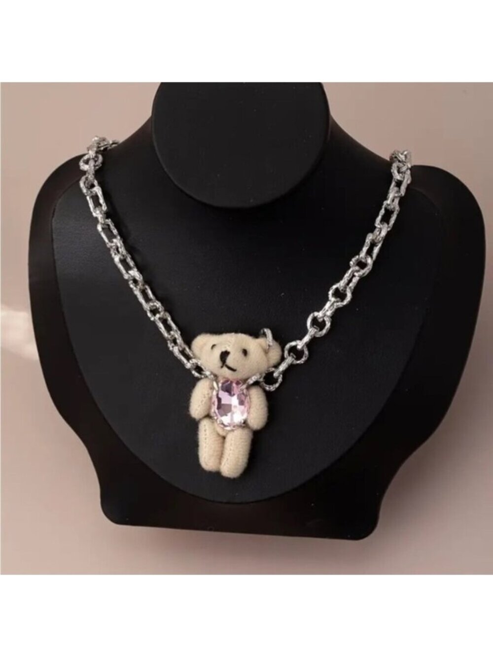 VTG Boho Pink Crystal Silver Chain Necklace with Teddy Bear Pendant